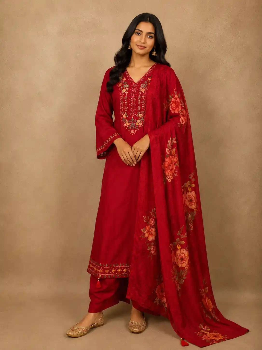 Rich Crimson Red Floral Thread and Sequins Embroidered Design Cotton Anarkali Salwar Suit